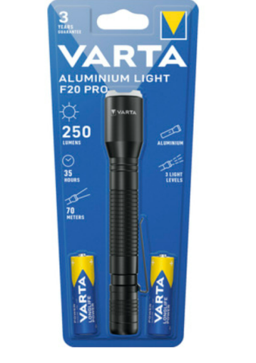 Linterna Varta Aluminium Light F20 Pro LED incluye 2 pilas AA