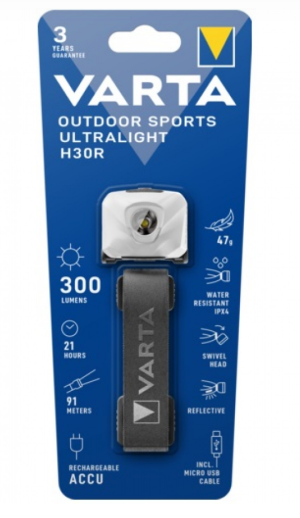 Varta - Stirnlampe Outdoor Sports Ultralight H30R wiederaufladbarer Li-Polymer Akku 300 Lumen