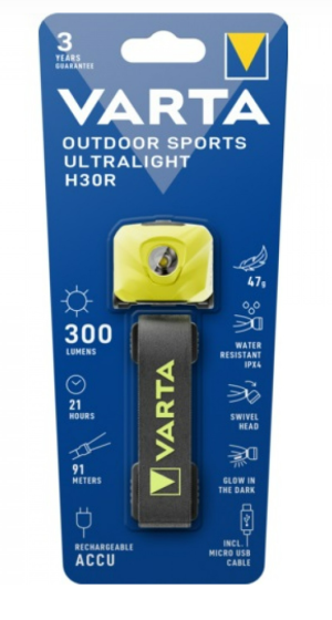 Varta - פנס ראש Outdoor Sports Ultralight H30R סוללת Li-Polymer נטענת 300 לומן - צהוב ליים